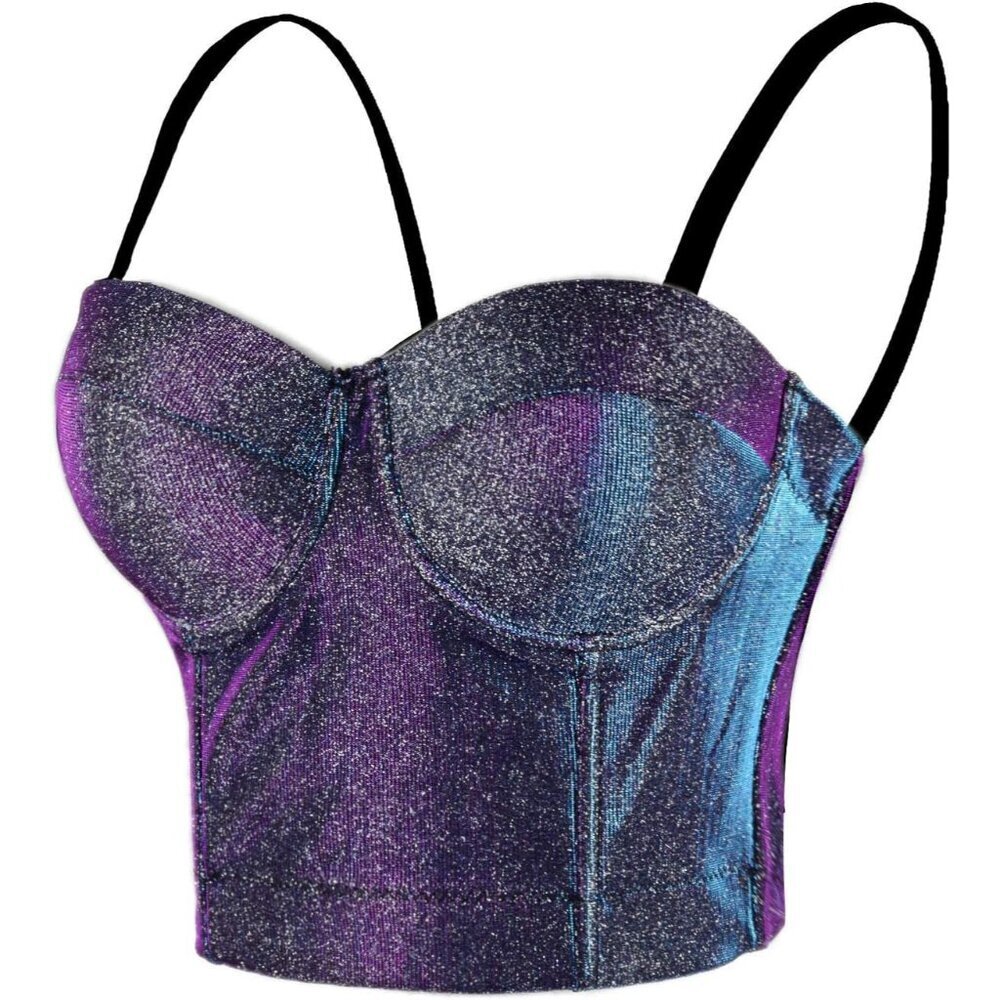 Women's Shiny Satin Bustier Crop Top Sexy Prom Corset Bra Purple Small